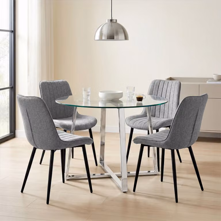 DHS Modern Round Glass Dining Table Set with 4 Chairs in Grey, Beige or Blue