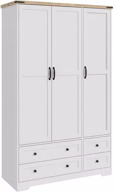 FORGEVIO White 3 Door Wardrobe with 4 Integrated Drawers, H 180 cm x W 108 cm x D 46 cm