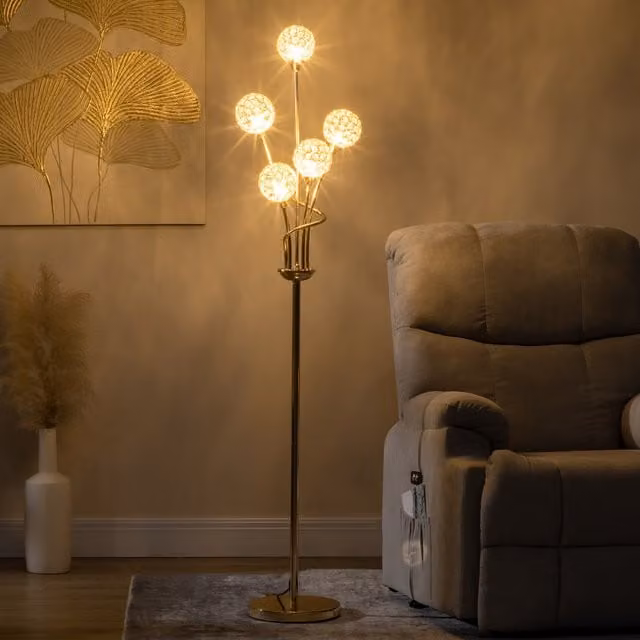 HOMCOM Modern 5-Light Floor Lamp with Crystal Shades in Gold/Brass – 1
