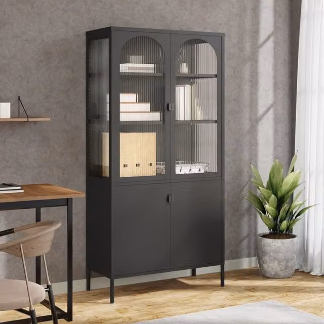 Berkfield Home Modern Black Highboard with Glass Doors and Metal Frame, W/D/H: 90 x 40 x 180 cm – 1