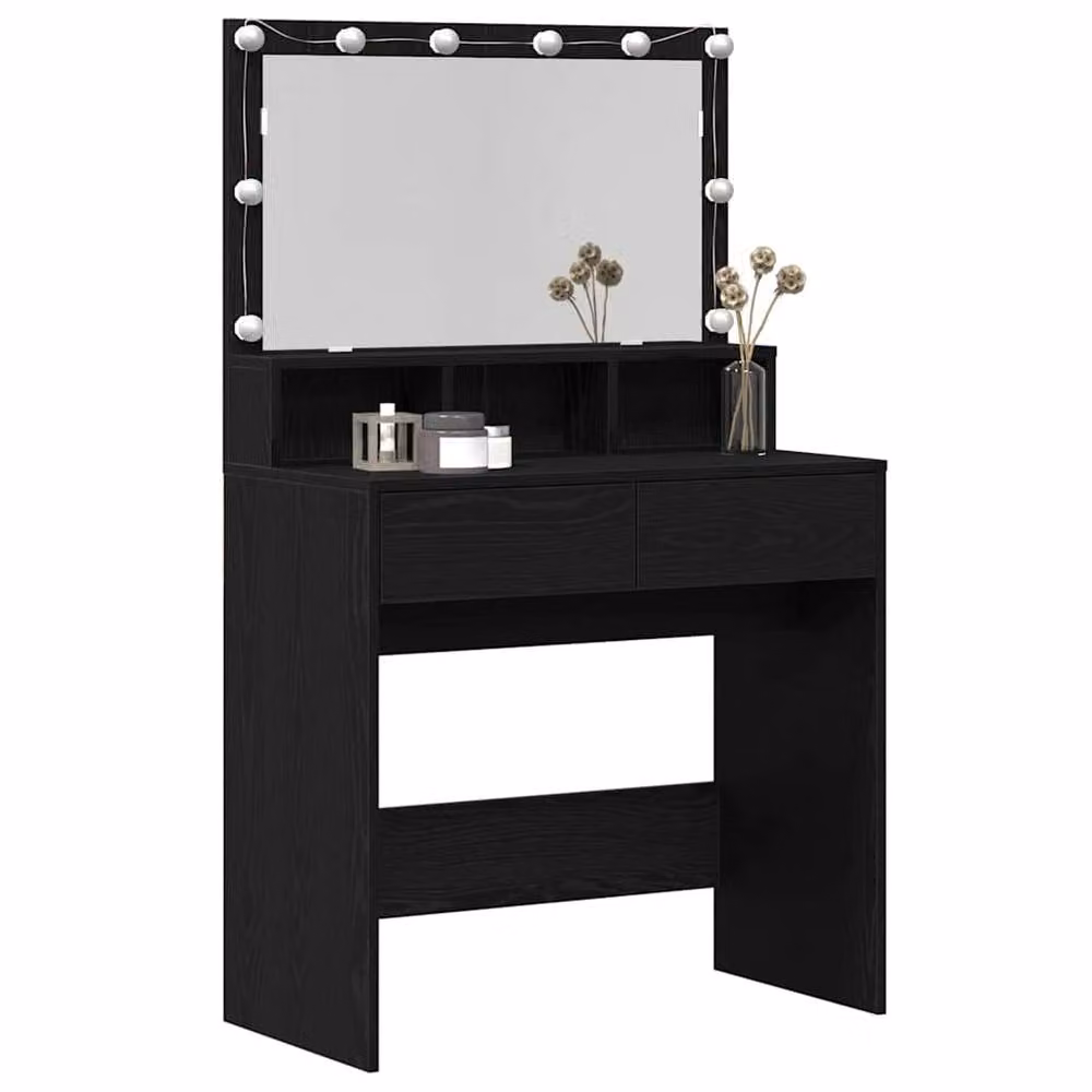Berkfield Home Black Oak Minimalist Dressing Table with Hollywood LED Mirror – 3