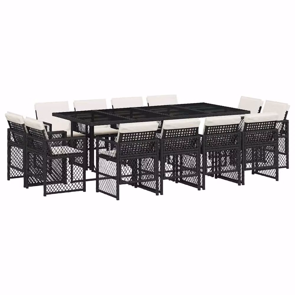 Berkfield Home 13 Piece Black Poly Rattan Garden Dining Set with Glass Table and Cushions – 2