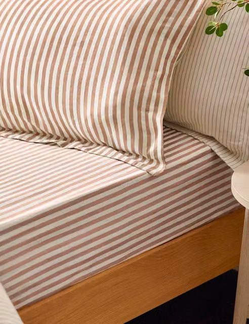 YARD Brown Striped Pure Cotton Breathable Fitted Sheet W/D/H: 180 x 200 cm