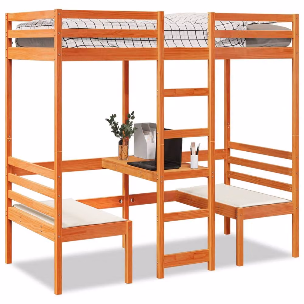 Berkfield Home Loft Bed Frame with Desk and Chairs in Wax Brown Solid Wood Pine, W/D/H: 200 x 90 x 155.5 cm – 2