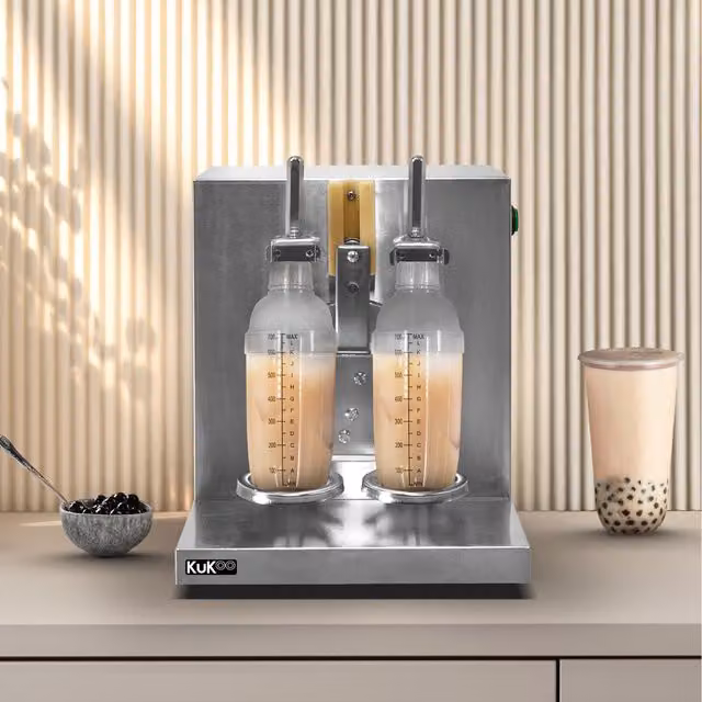 KuKoo Automatic Bubble Tea Shaker with 2 Shaker Bottles, Silver and Transparent, Stainless Steel and Plastic with Timer
