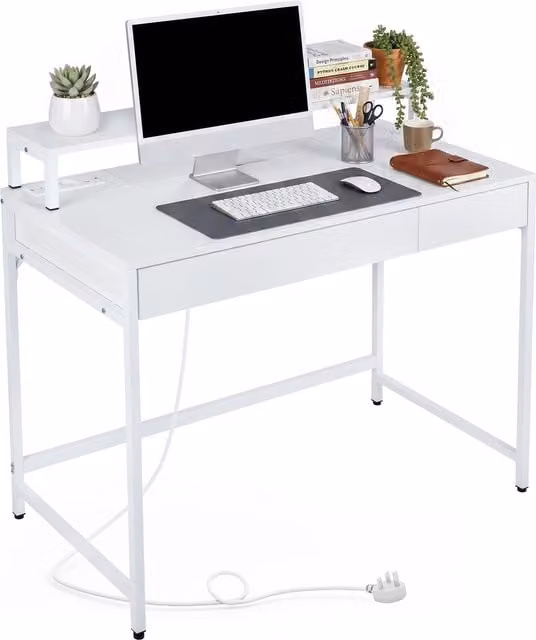 Costway Modern White Computer Desk with Dual Pedestal and Cable Management