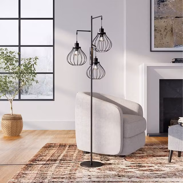 Livingandhome Contemporary Industrial Style Three-Head Metal Floor Lamp with Irregular Organic Shades in Black