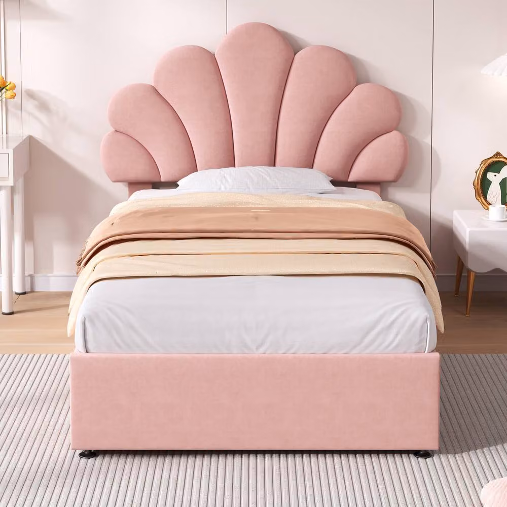 Rolipo Pink Velvet Bed with Hydraulic Storage and Petal Headboard, W/D/H: 140 x 200 cm – 1