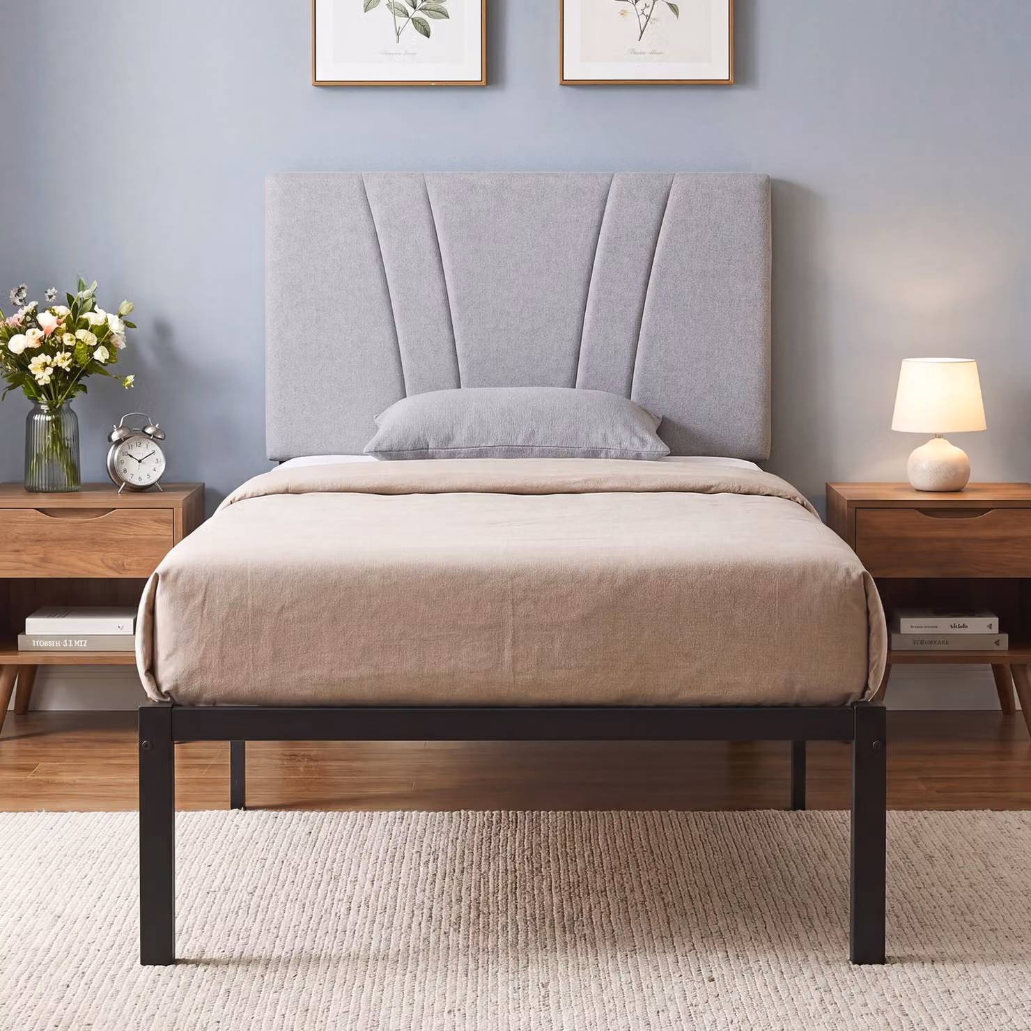 HOMCOM 3FT Single Bed Frame with Upholstered Headboard and Underbed Storage, Black and Grey, W/D/H: 90 x 190 x 106.5 cm – 2