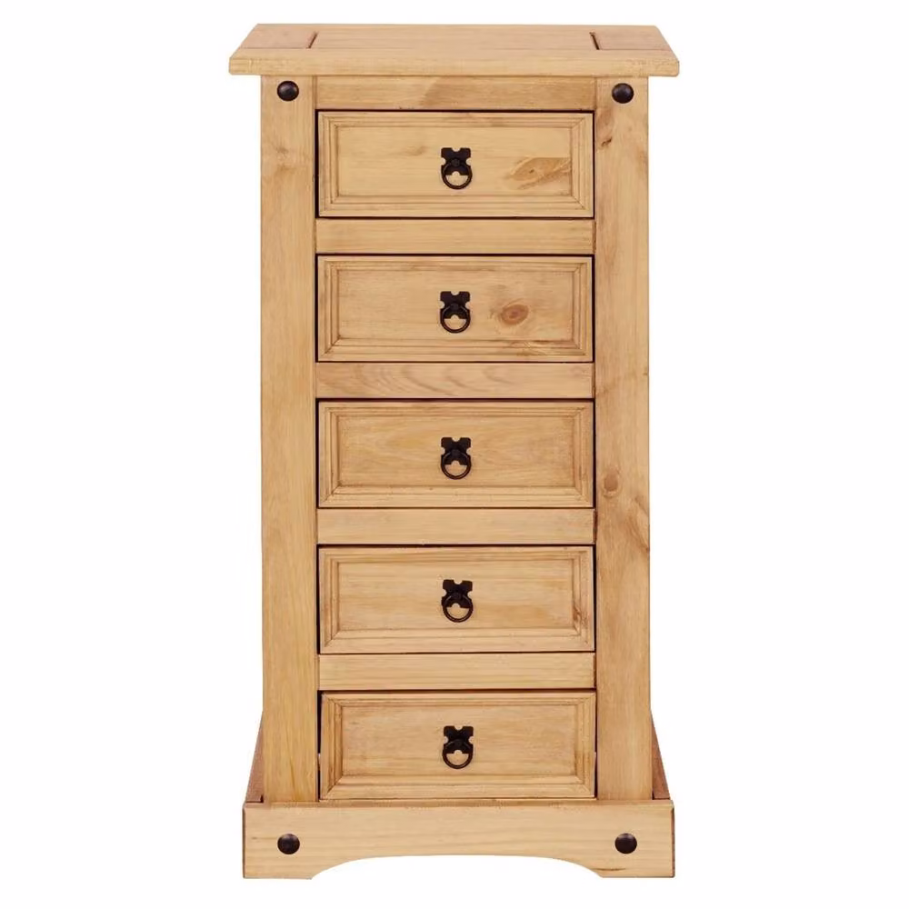 Nordara 5 Drawer Narrow Tall Chest of Drawers in Brown Rustic Mexican Solid Pine – 2