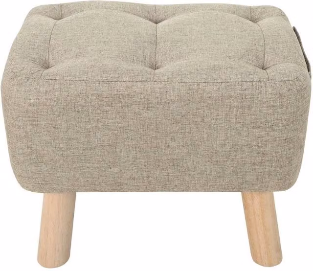 Kelvenix Beige Linen Tufted Footstool Pouffe with Oak Wood Frame