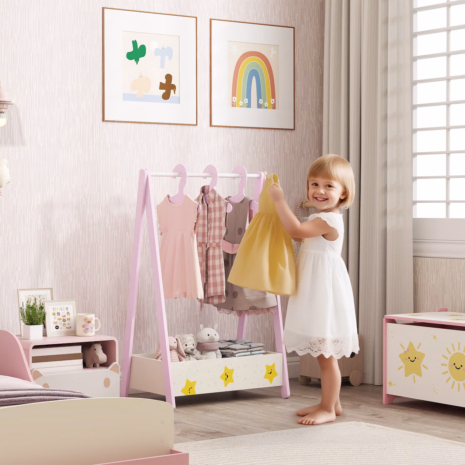 AIYAPLAY Pink Star Theme Childrens Clothing Rack with Hangers and Storage Shelf, Pine Wood – 2
