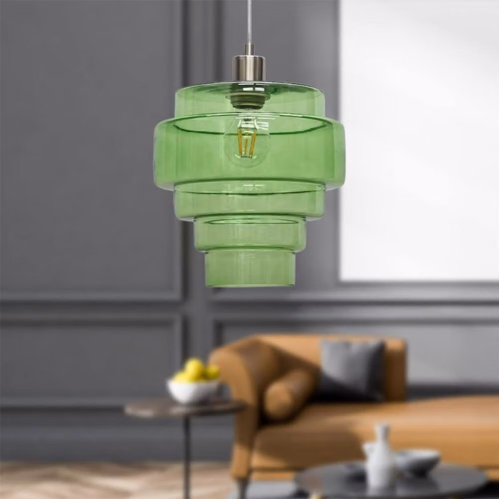 First Choice Lighting Benson Set of 2 Green and Silver 5 Tier Glass and Metal Ceiling Pendant Lights – 2