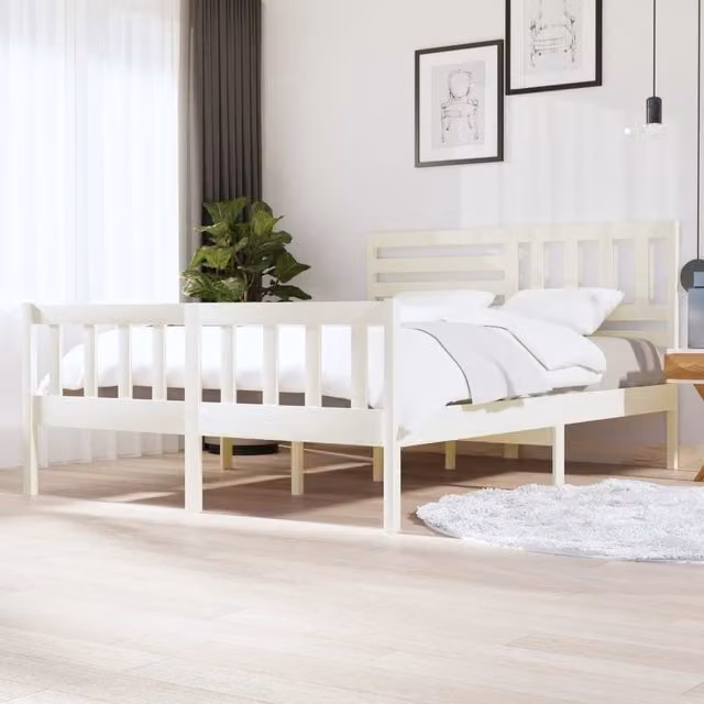 Berkfield Home White Solid Pine Wood Bed Frame W/D/H: 160 x 200 cm