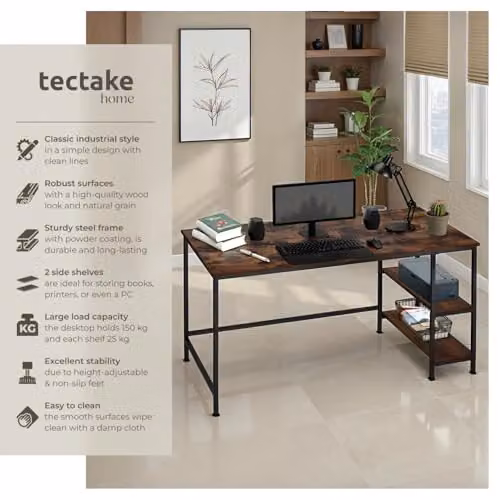 tectake Computer Desk in Brown with MDF Laminate Top and Metal Frame, W/D/H: 120 x 60 x 75.5 cm – 4