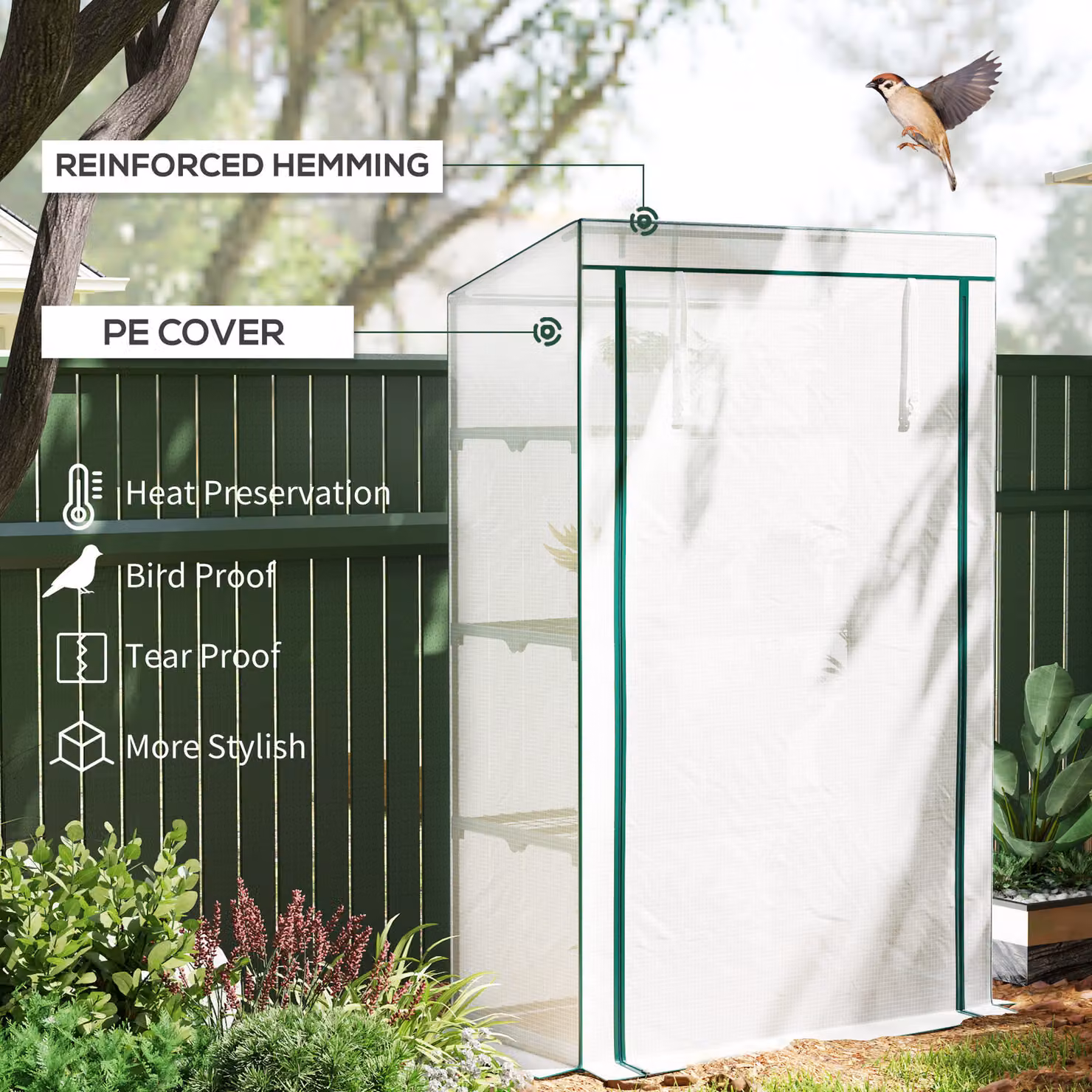 Outsunny 4 Tier Lean-to Mini Greenhouse with Reinforced PE Cover and Roll-Up Door, Green, W/D/H: 110 x 50 x 171 cm – 3