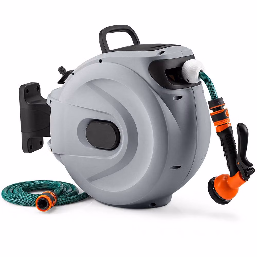 Gymax Grey Wall-Mounted Retractable Hose Reel with Auto-Rewind, 1/2 Inch, 20m + 2m – 4