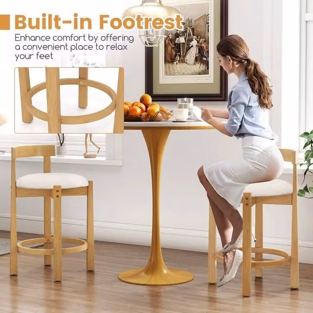 NESTLUNE Mid-Century Rubberwood High Barstools in Beige Velvet with Upholstered Frame
