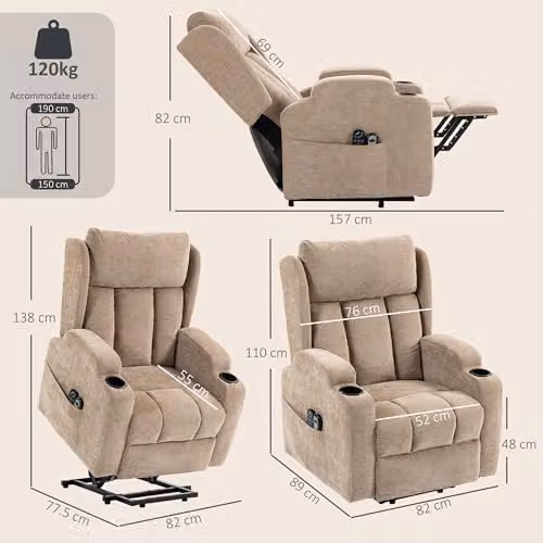 HOMCOM Power Lift Recliner Chair with Vibration Massage and Heat in Brown Fabric – 3