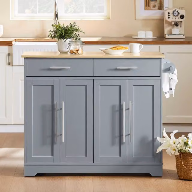 SoBuy Grey Farmhouse Kitchen Trolley with Fold-Down Worktop and Hinged Doors