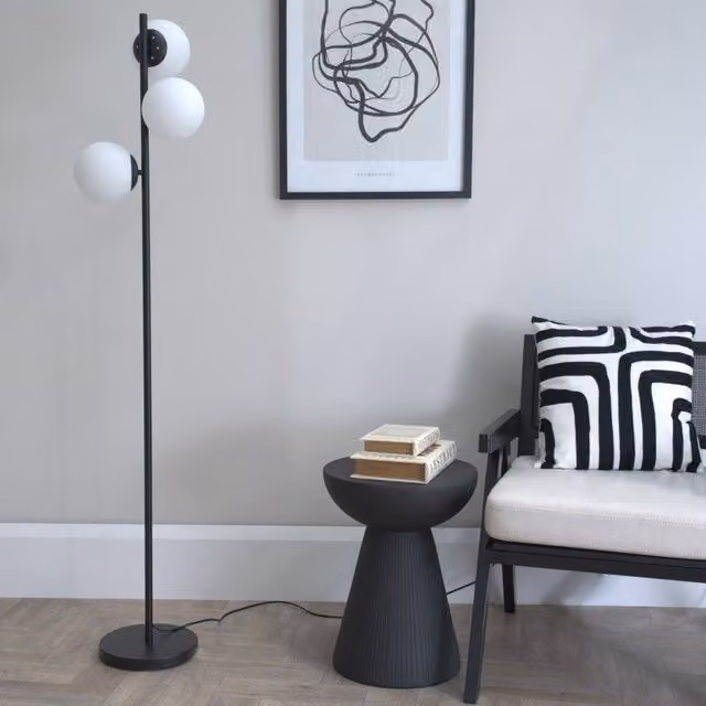 ValueLights Jas 3 Way Floor Lamp with White Opal Frosted Glass Globe Shades in Black