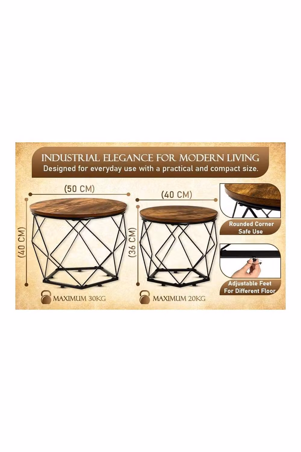 Hygrad Set of 2 Round Industrial Nesting Side Tables in Brown and Black – 8