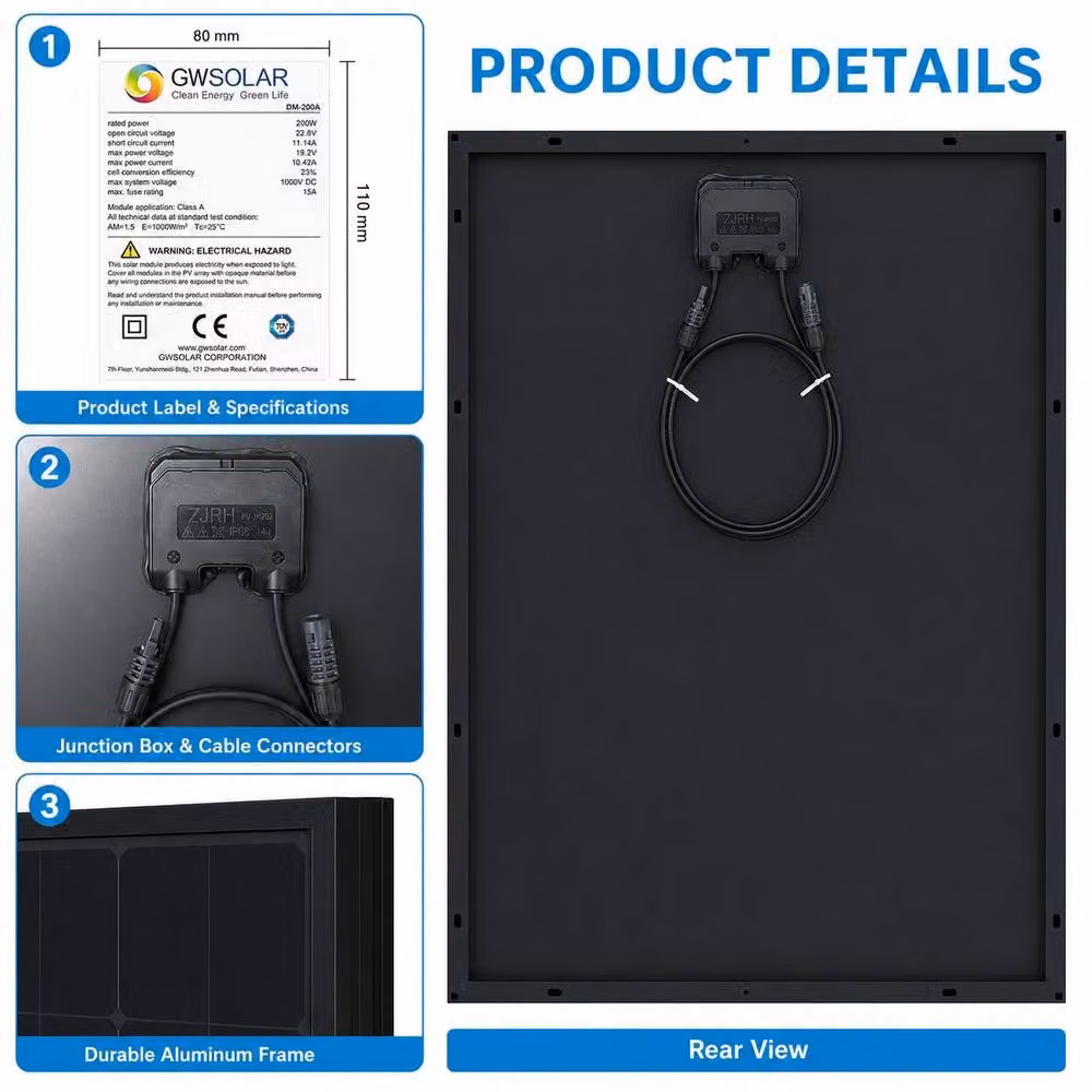 GWSOLAR 200W Monocrystalline All Black Solar Panel PV Module – 6