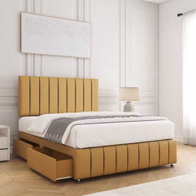 BSSPOKE Sierra Plush Velvet Divan Bed Set with 24 inch Headboard, 4 Drawers and Mattress in Mustard Yellow, Double Size W/D/H: 140 x 200 cm
