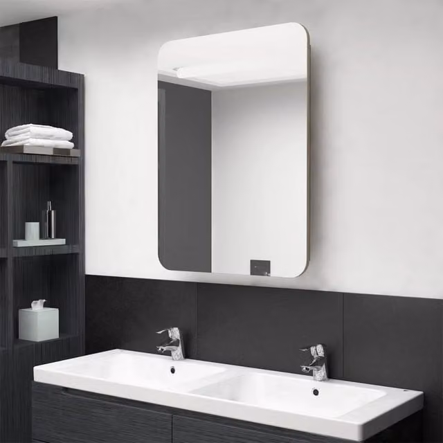 Berkfield Home LED Bathroom Mirror Cabinet in Brown Oak, W/D/H: 60 x 11 x 80 cm