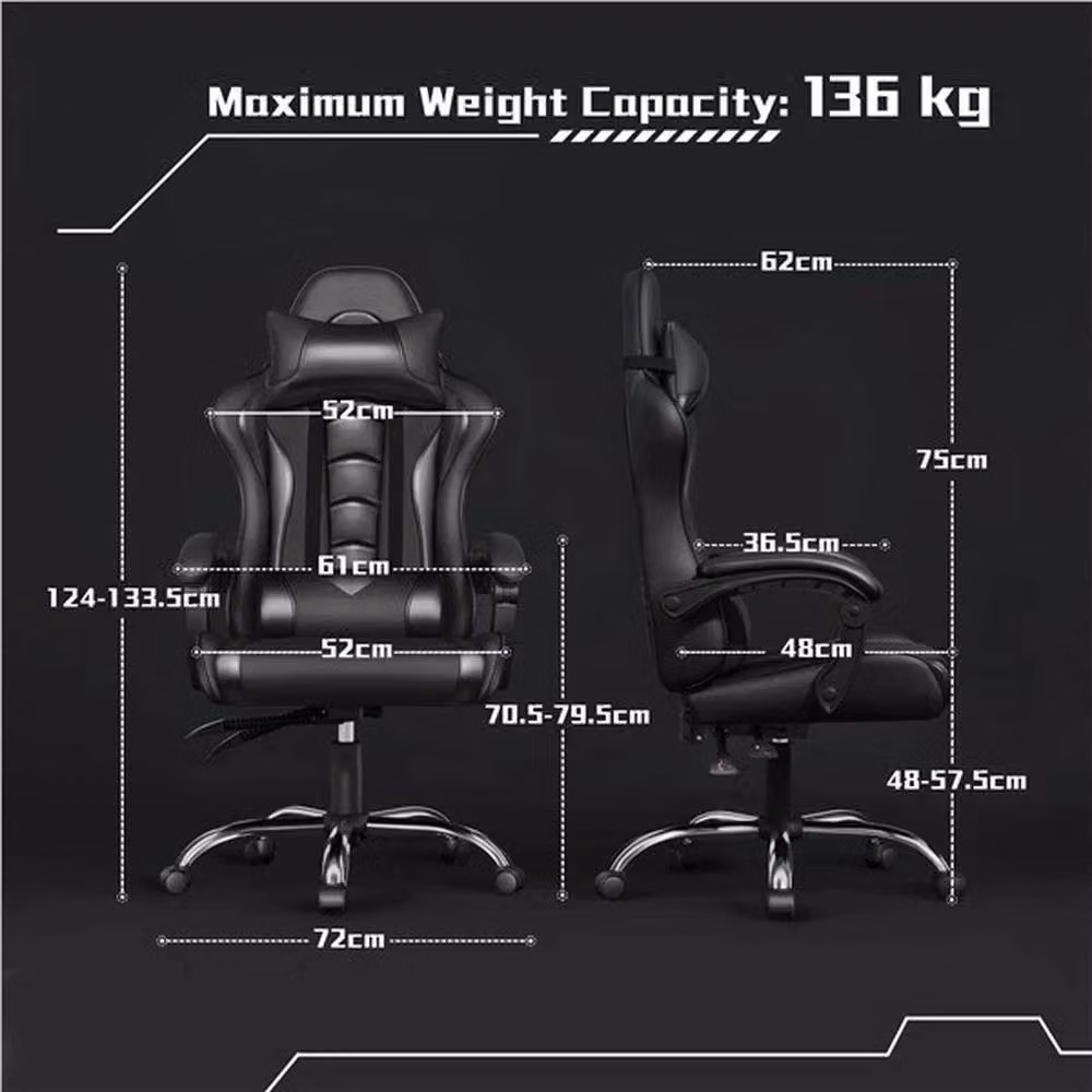 KORVIXA Ergonomic Gaming Chair in Black with Headrest and 360 Degree Swivel – 2