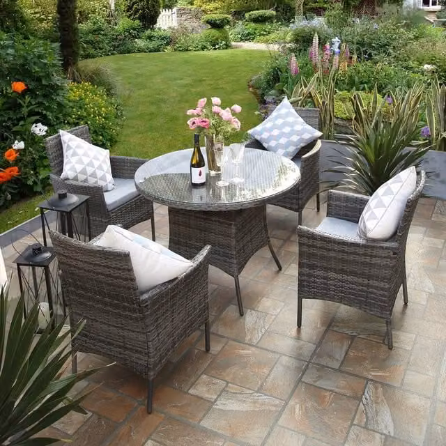 RayGar 5-Piece Grey Rattan Dining Set with Round Glass Top Table and 4 Chairs for Garden or Terrace – 1