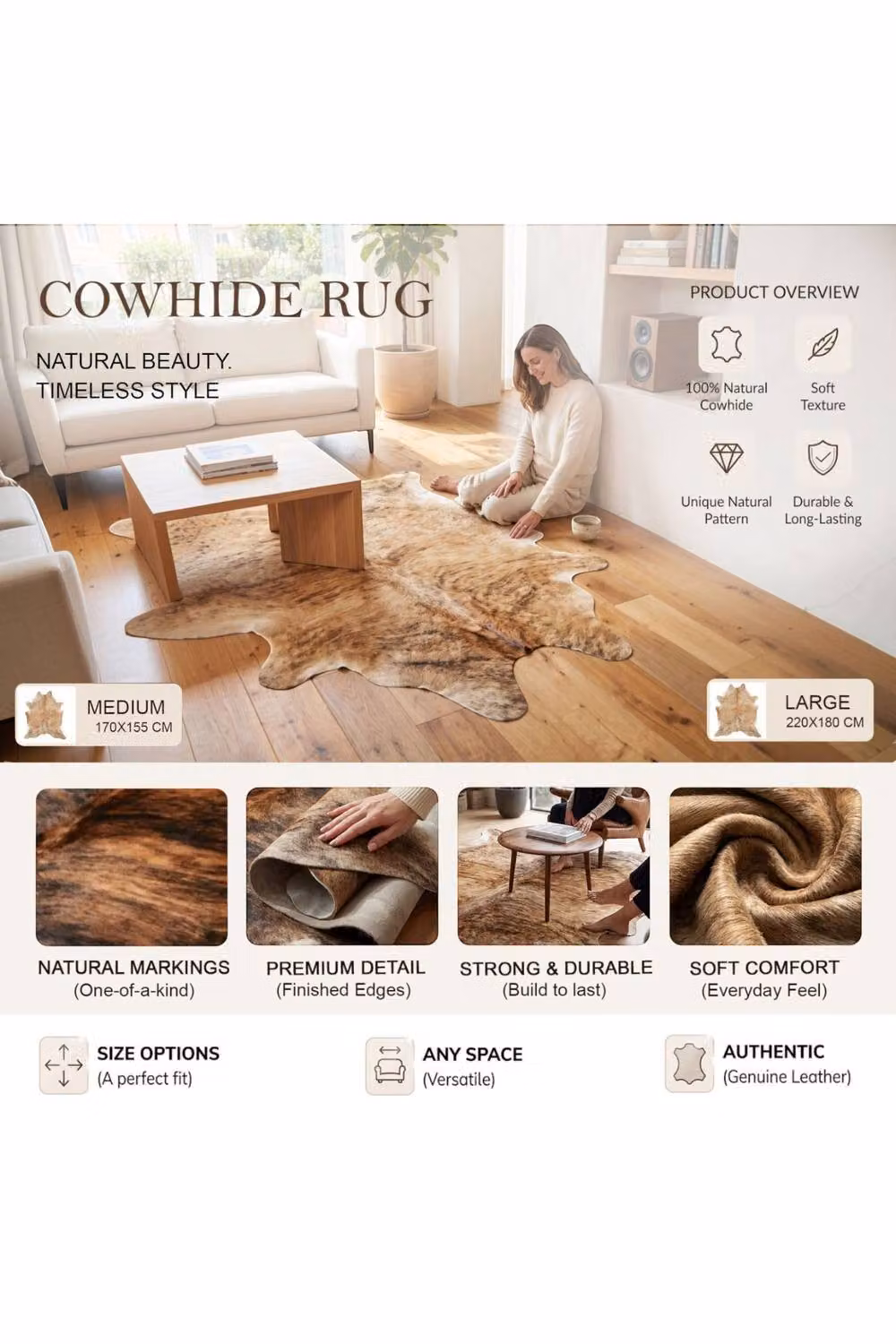 Infinity Leather Natural Cowhide Hairon Rug in Light Brindle Brown and White, W: 170 cm, D: 150 cm – 3