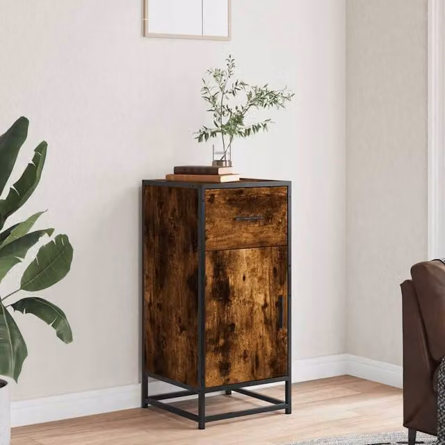 Berkfield Home Industrial Sideboard in Smoked Oak and Brown, W/D/H: 35.5 x 35.5 x 76 cm