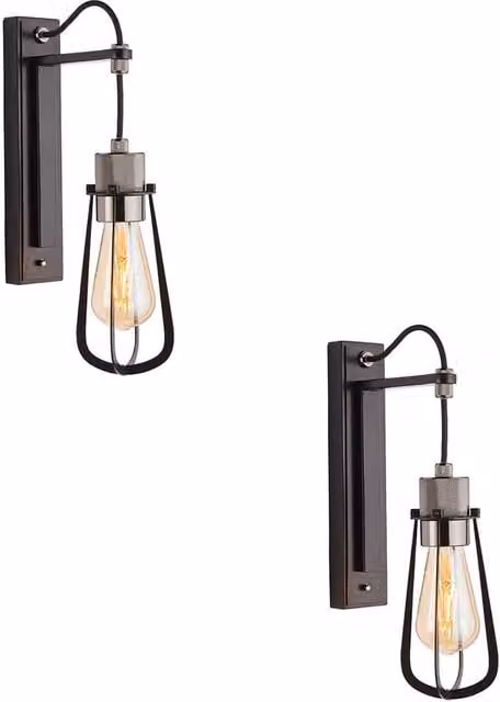 Loops 2 Pack Matt Black Industrial Wall Lights with Black Chrome Knurled Lamp Holders – 1