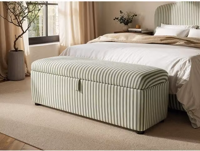 SOLACE+CO Modern Striped Ottoman Blanket Box in Beige and Green Woven Fabric