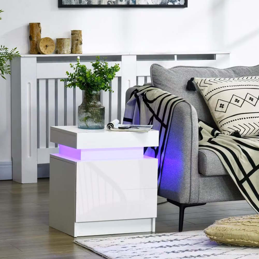 STILVORA White Glossy Bedside Table with 2 Drawers and Integrated LED Lighting – 2