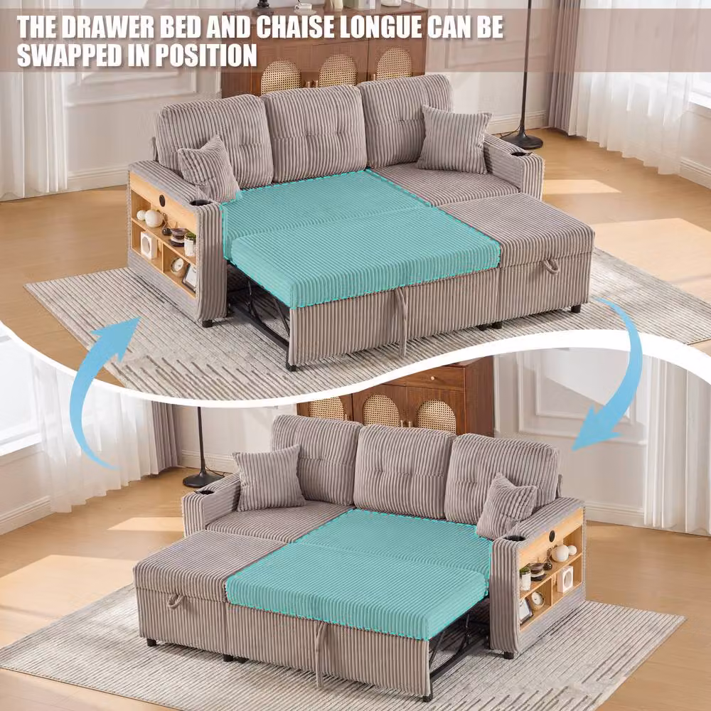 FENCHILIN 3 Seater Pull-out Sofa Bed with Hidden Storage, LED Lighting and USB Charging in Light Grey – 2