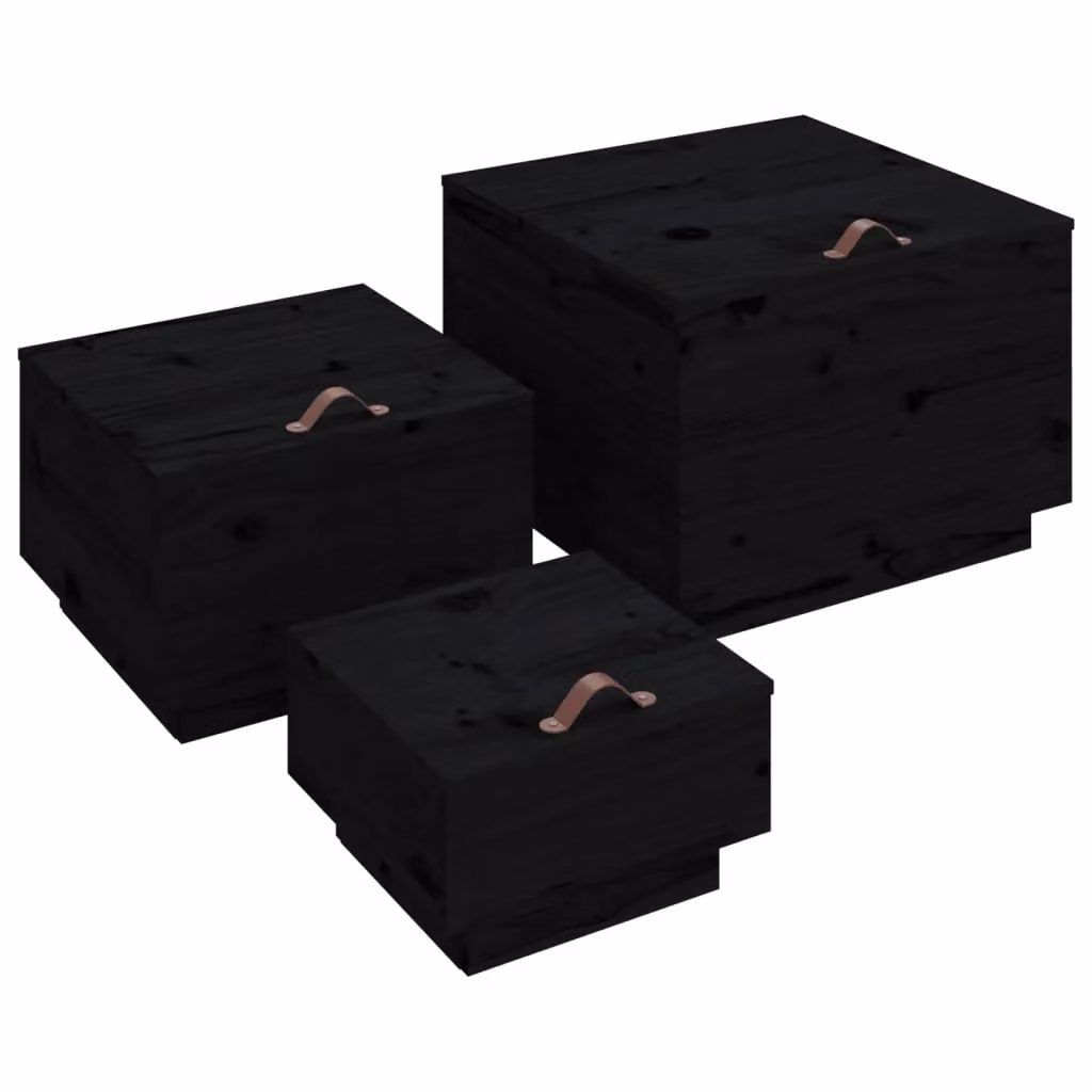 Berkfield Home Set of 3 Black Solid Pine Wood Storage Boxes with Lids – 2