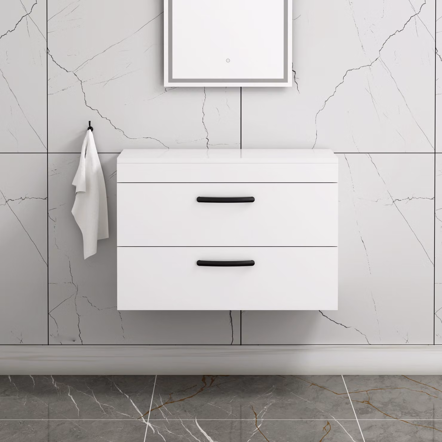 Royal Bathrooms Gloss White Wall Hung 2 Drawer Vanity Unit with Matt Black Handles