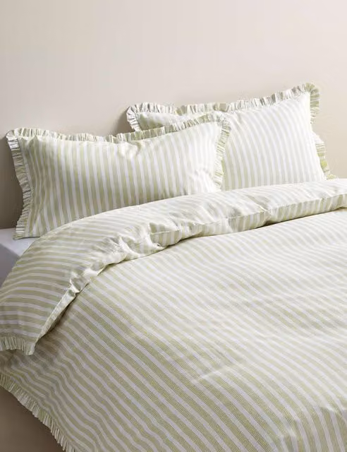 M&S Pure Cotton Narrow Stripe Ruffle Bedding Set, Green Mix, W: 180 cm x L: 200 cm