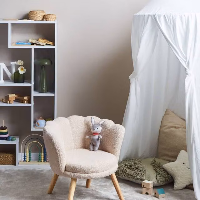 Wyld Haus Kids Armchair in Light Beige Bouclé with Shell Backrest and Rubberwood Legs