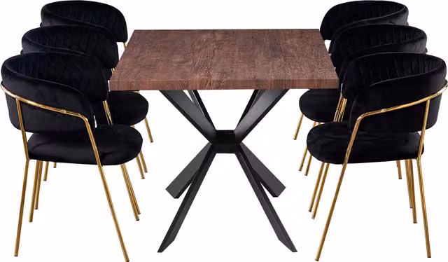 Life Interiors Atarah Duke LUX Modern Dining Set with Rectangular Table and 6 Black and Gold Chairs