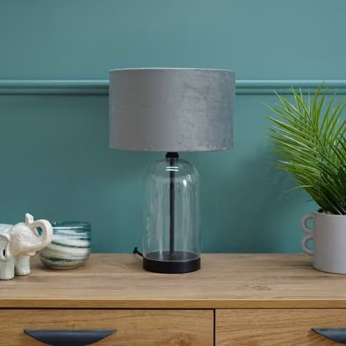 ValueLights Glass and Black Metal Bedside Table Lamp with Grey Velvet Lampshade and Warm White LED Bulb – 2