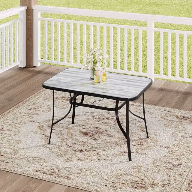 Komore Modern Glossy Garden Table with Tempered Glass and Metal Frame in Black and White