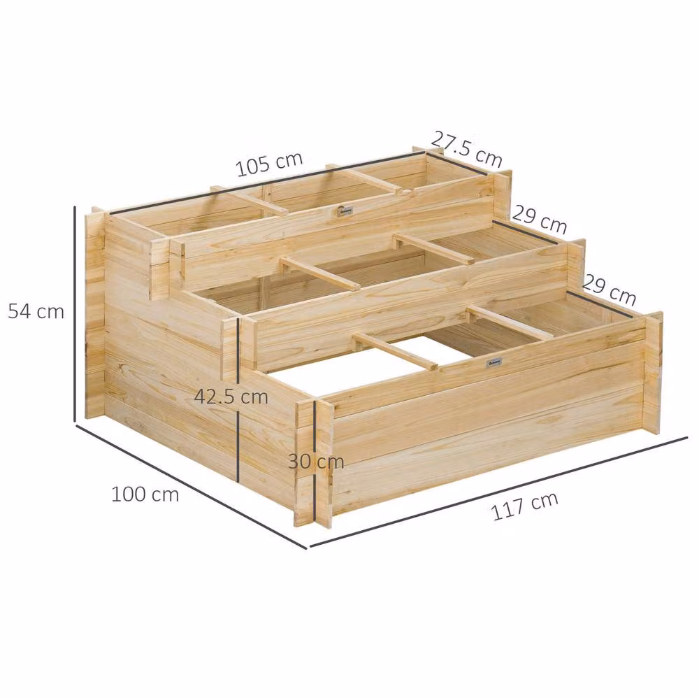 STILVORA 3 Tier Raised Garden Bed with 9 Grow Grids in Natural Brown Wood, W/D/H: 117 x 105 x 54 cm – 3