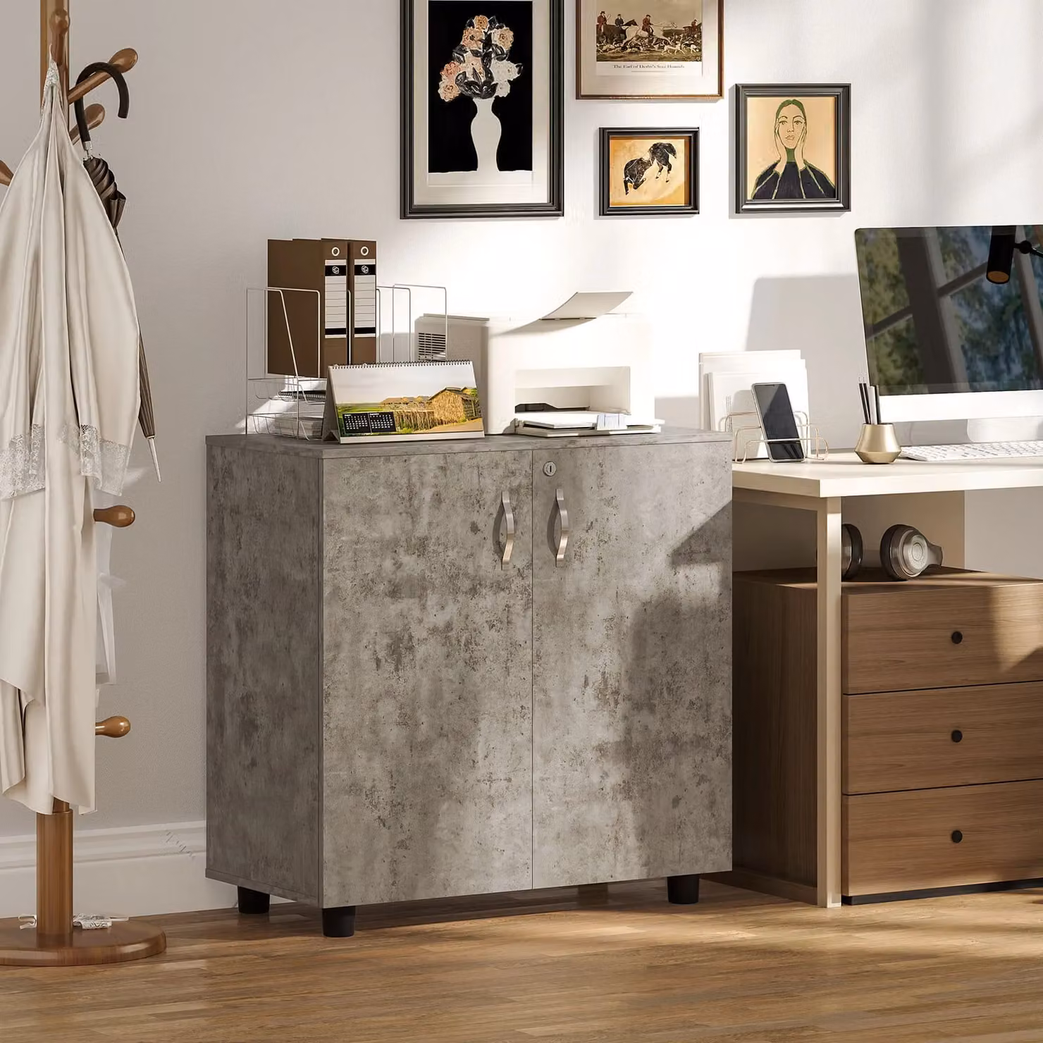 VINSETTO 2-Tier Locking Filing Cabinet in Grey with Hinged Doors and Internal Shelves – 2