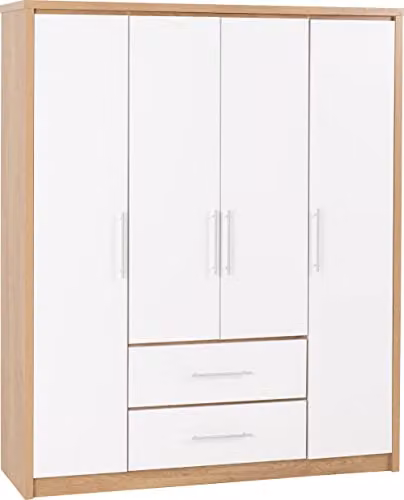 Seconique Seville 4 Door 2 Drawer Wardrobe in White Gloss and Oak