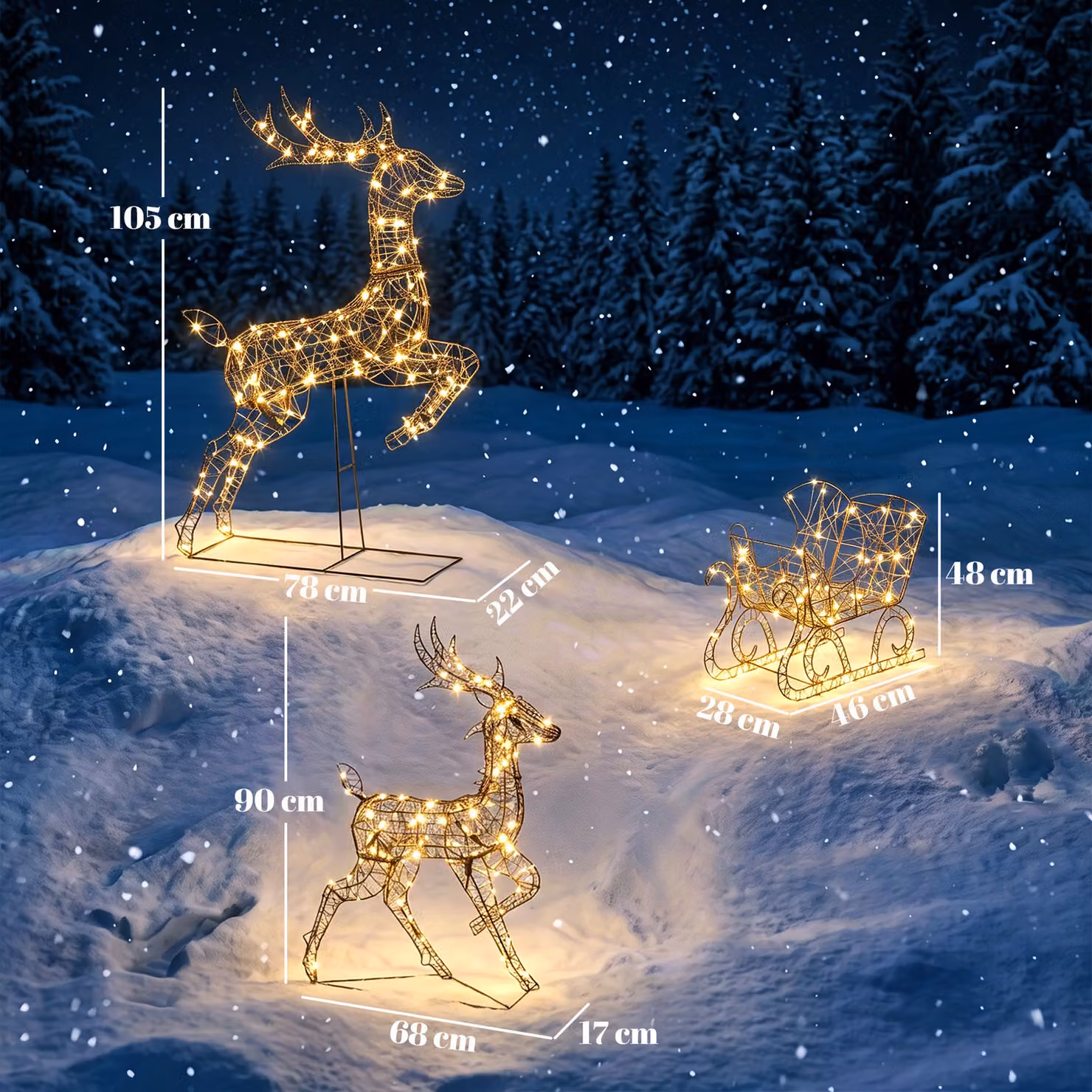 Outsunny 3-Piece Lighted Reindeer and Sleigh Set in Brown and White with Warm White LEDs and Daily Timer – 3