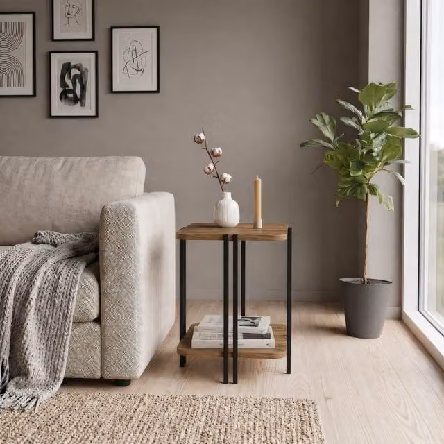 Decortie Notus 2-Tier Square Side Table with Open Shelf in Whiskey Oak