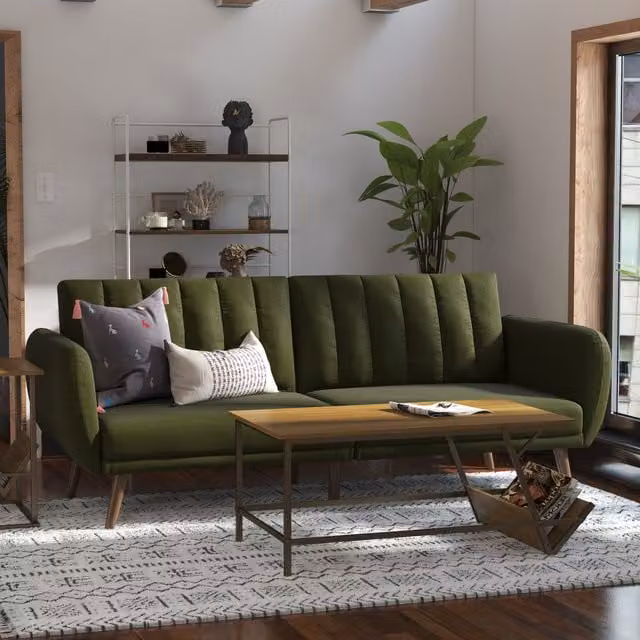 Novogratz NG Brittany Green Linen Upholstered Sofa Bed with Scatter Cushions